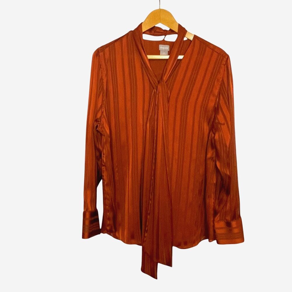 Chico's Terracotta Bow Blouse‎ Shadow Stripe Top with Removable Scarf Size 3 (L)